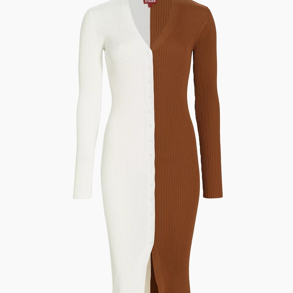STAUD Two-Tone Ribbed Long Sleeve Dress in White and Brown